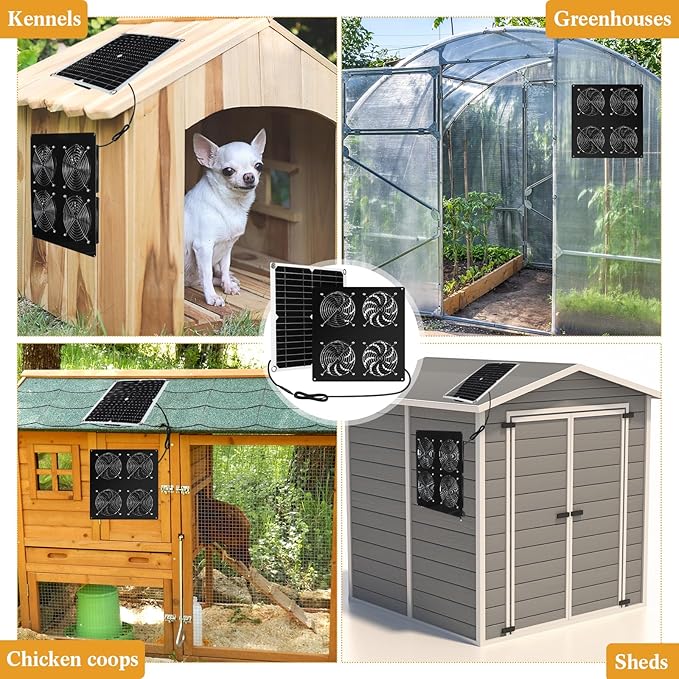 2 Set Solar Panel Fan Kit with 4 Fans 12w USB Weatherproof Solar Exhaust Fan Outdoor Solar Greenhouse Fan Portable Chicken Coop Fan, Metal Shell for Sheds, Attic, Pet Houses, Window Exhaust