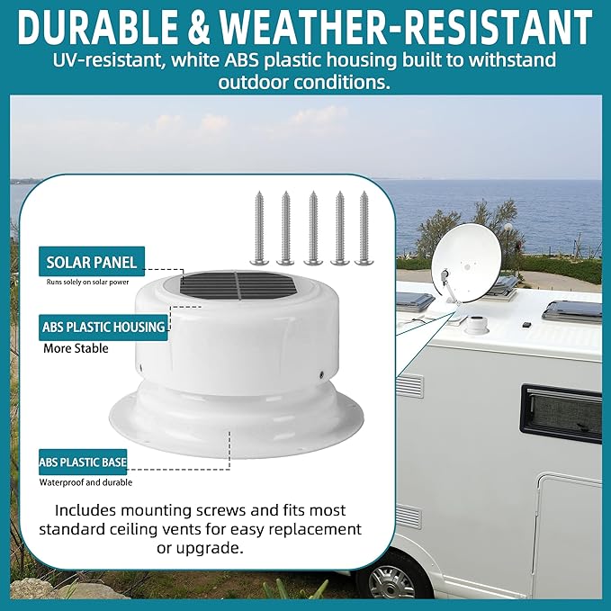 RV Solar Ventilation Fan with Mounting Screws, Solar-Powered Ceiling Fans for Camper, Trailer, RV Solar-Powered Ceiling Vent with Fan, Camper Solar Exhaust Fans for Trailer, Marine - White