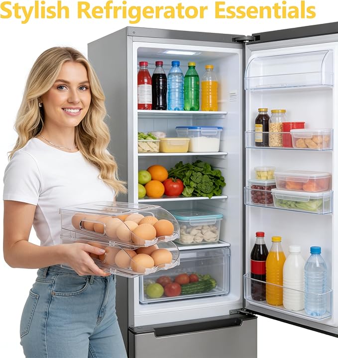 Egg Holder for Fridge, Automatic Steady Rolling Egg Container with Soft Bumpers & Handle for Refrigerator, Stackable Fridge Organizers and Storage with Lid