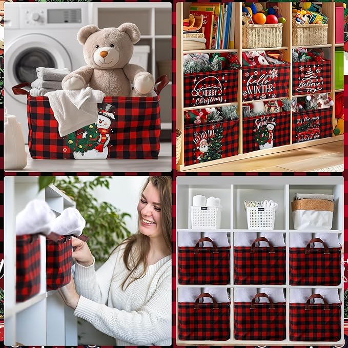 CHENGU 6 Pack Christmas Storage Basket Collapsible Christmas Basket for Gifts Buffalo Plaid Holiday Decor Large Snowman Bin Foldable Xmas Tree Box with Handle for Bedroom Office Home