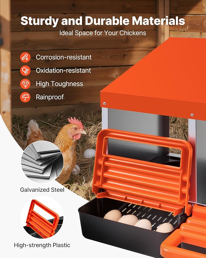 VEVOR Chicken Nesting Boxes, 4 Compartments, Metal Egg Laying Boxes with Protective Collection Lids, Roll Out Nesting Box, Easy to Assemble, Ideal for Hens, Ducks, Chickens, and Other Poultry, Orange
