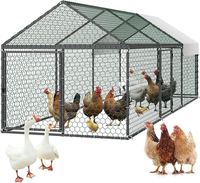 VEVOR Metal Chicken Coop for 6-8 Chickens, 3.3 x 9.8 x 3.3 ft, Small Chicken Cage with Waterproof Cover & 3 Doors, Spire Roof Poultry Run Compatible with Wooden Coops, for Rabbit Hen Goose Duck