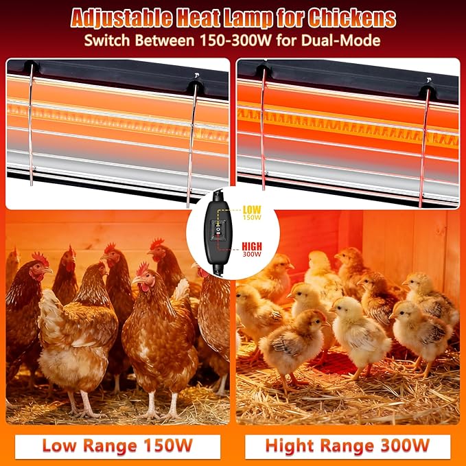 17.5 Inch Extra Long Heat Lamp for Chickens, 300W Carbon Fiber Chicken Coop Heater for Winter, Adjustable Temp & Height Chicken Heat Lamp for Poultry Dog Cat, No Installation & Long-Lasting 10000H