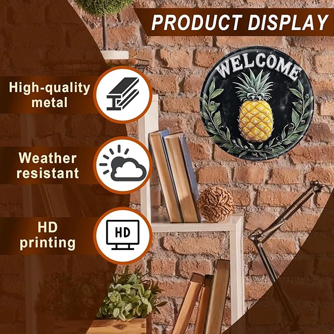 Welcome Pineapple Round Metal Tin Sign Wreath Vintage Farmhouse Wall Decor for Home Living Room Kitchen Dining Bedroom 8x8inch