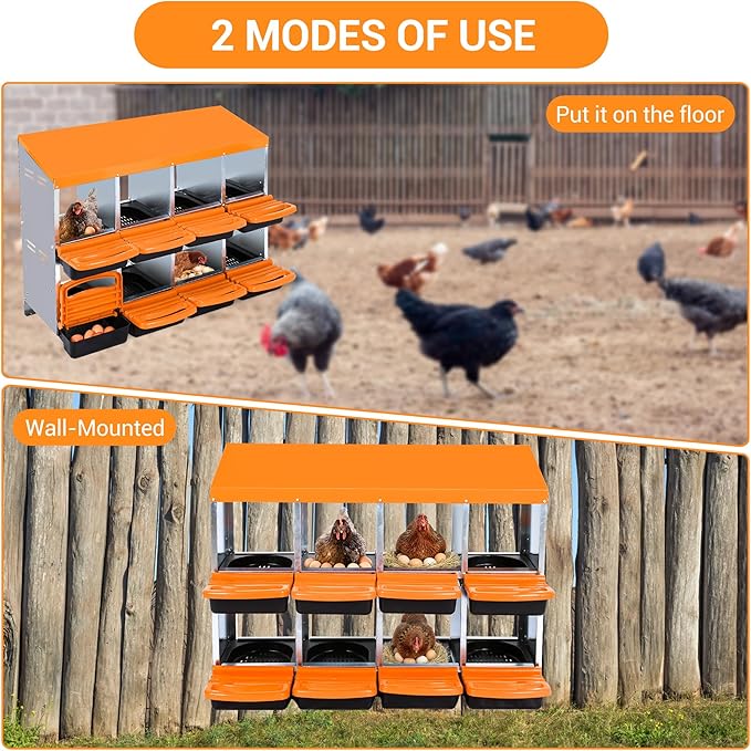 Chicken Nesting Box 8-Hole Roll Away Egg Laying Box with Lid, Galvanized Steel Rustproof Poultry Coop Box, Easy Clean, Wall Mountable No Bracket Needed for Hens, Orange