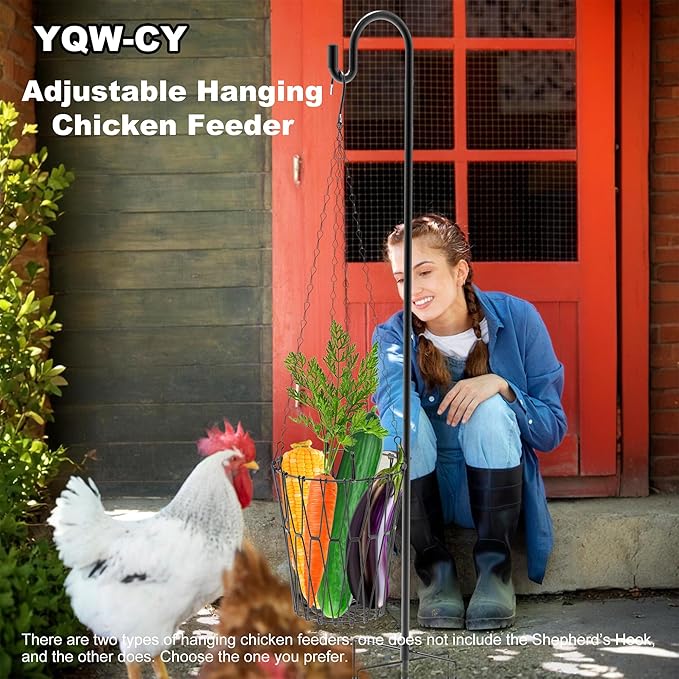Hanging Chicken Feeder, Foldable Chicken Vegetable Fruits Feeder with 35.5lnch Shepherds Hook, Poultry Feeding Holder Basket with Hanging Chain for Chicken Coop Accessory