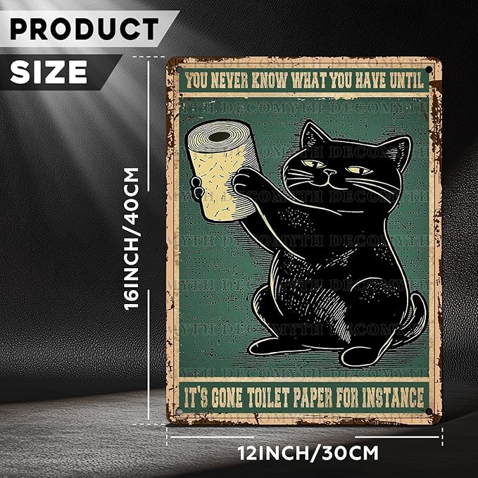 Black Cat Bathroom Metal Tin Sign You Never Know What You Have Until It's Gone Vintage Wall Art Funny Toilet Wall Decor for Home Cafes Office Store Decoration 12 * 16inch