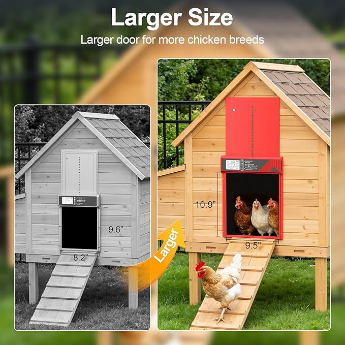 Larger Size Automatic Chicken Coop Door Solar Powered, 4000MAh Internal Battery Automatic Coop Door Anti-hit Side Charging Port, Automatic Chicken Door with Timer, Light Sensor 4Modes & Remote Control