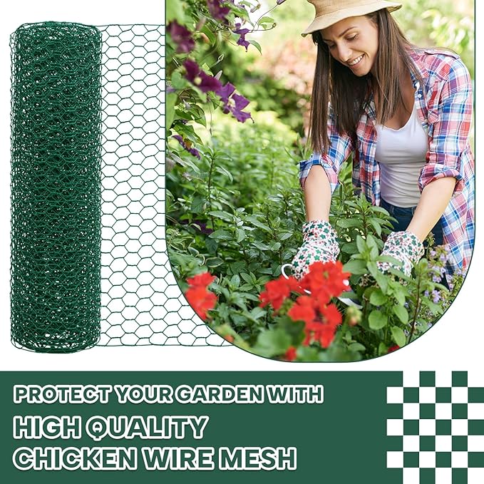 15.7” x 157” Chicken Wire for Floral Arrangements, 0.6” Hexagonal PVC Coated Galvanized Chicken Wire Mesh, Green Lightweight Fencing Wire for Garden