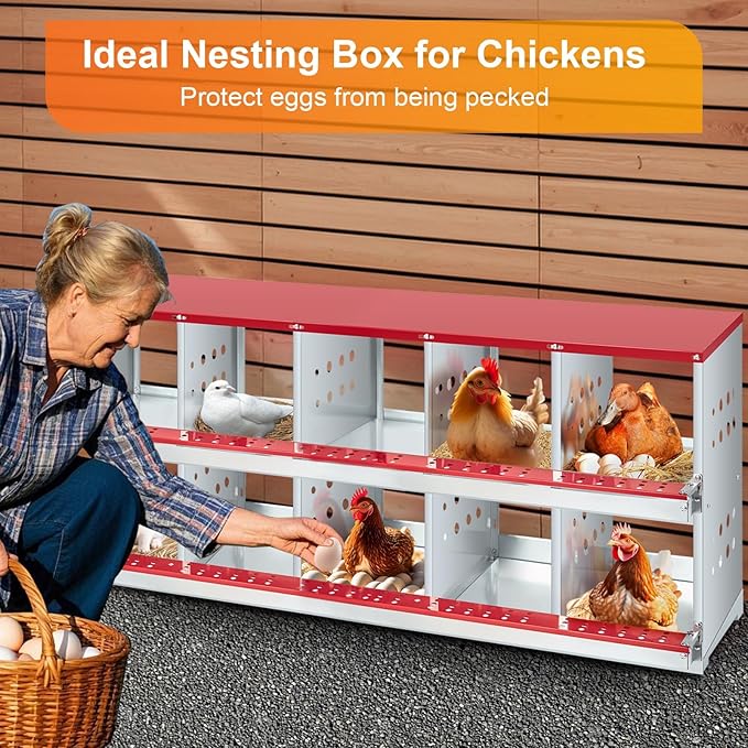 10-Compartment Chicken Nesting Box with Roll-Away Egg Collection - Metal Laying Box for Hens and Ducks, Features Pull-Out Tray & Swing Perch, Wall Mount Design for Coops