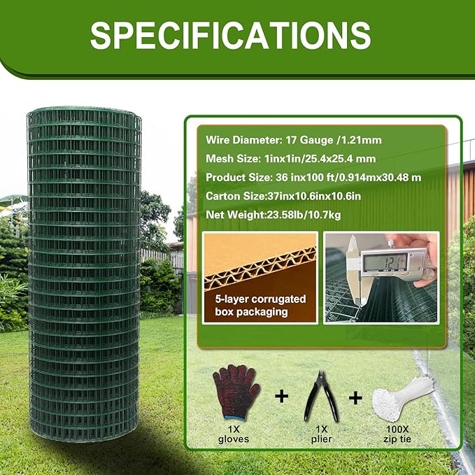 Hardware Cloth 1' 36in x 100ft Chicken Wire, Green Garden Fence, PVC Coated Metal Welded Wire Mesh for Preventing Snakes, Raccoons, Foxes, Poultry Netting
