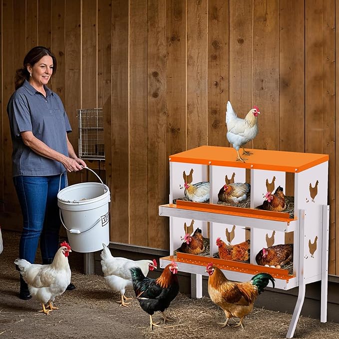 6 Compartment Metal Chicken Nesting Box, Automatic Roll-Out Egg Collection, Waterproof Galvanized Steel Laying Box with Perch & Wall Mount, for Hens Ducks Rabbits, Orange