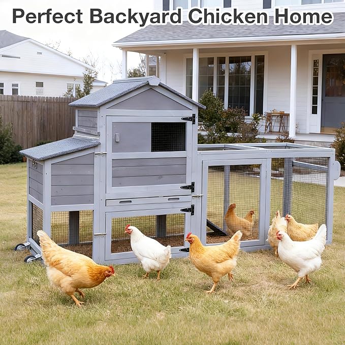Chicken Coop Wooden with Wheels, Expandable Outdoor Chicken Tractor with Nesting Box & Pull-Out Tray, Easy-Clean Poultry Coop for 2–3 Chickens & Ducks