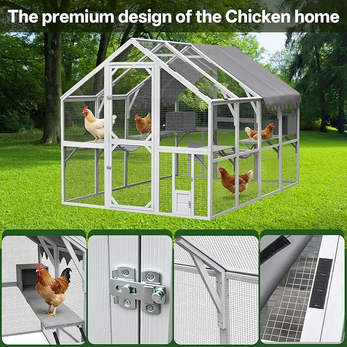 KEIKI 110"L Outdoor Large Chicken Coop with Waterproof Cover, Roosting Platform, Wire Mesh & 2 Lift Small Doors with Locks, Wood Chicken Coop House with Run for Cat Kitten Playpen, Duck, Rabbit, Quail
