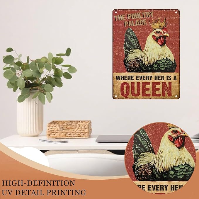 Funny Chicken Metal Tin Sign Where Every Hen Is A Queen Vintage Sign for Wall Art Decor for Home Farm Chicken Coop Farmhouse Kitchen Garden Decor 12X16Inch