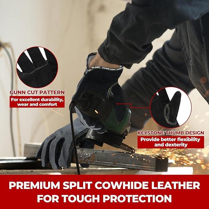 HANDLANDY Leather Work Gloves for Men and Women, Utility Tough Cowhide Glove