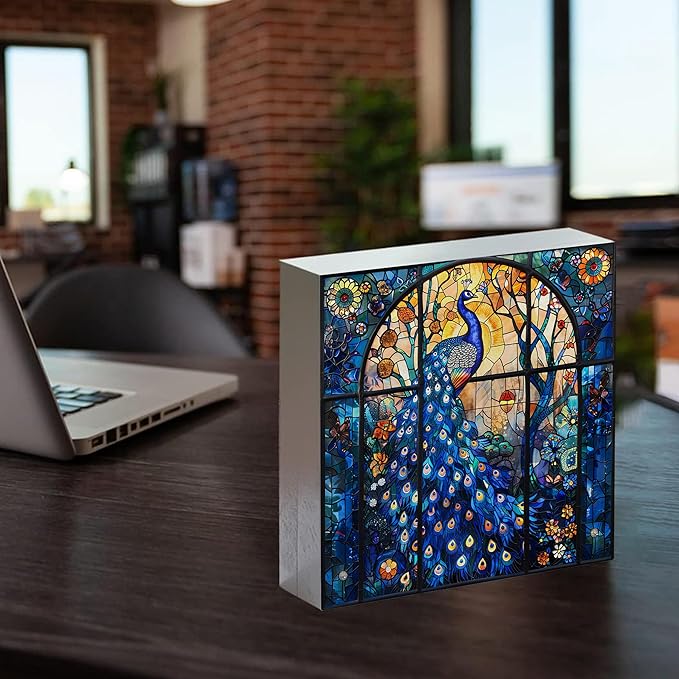 Peacock Gifts Wooden Sign - Peacock Feather Art Church Decor, Rustic Colored Glass Art Wooden Box Sign for Home Library Cafe Bathroom Table Desk Shelf Decoration, 5x5 Inch