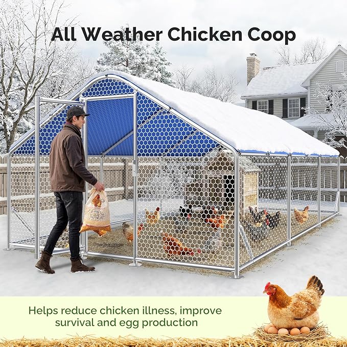 Large Metal Chicken Coop with Hexagonal Chicken Wire, Chicken Coop Run Pen for Yard with Waterproof Cover, Outdoor Large Walk-in Chicken Coops for 30 Chickens Duck Pen House Cage Run