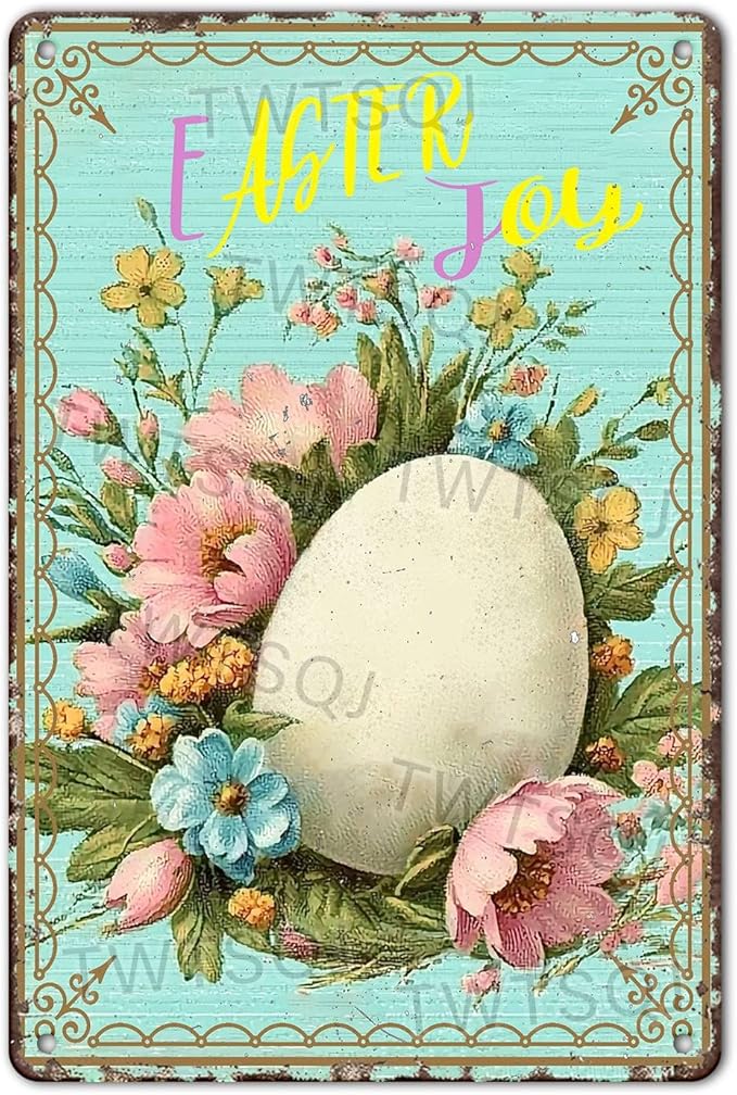 Easter Egg Retro Tin Sign Fun Metal Sign “Easter Joy” For Home Living Room Garden Yard Outdoor Wall 8X12Inch