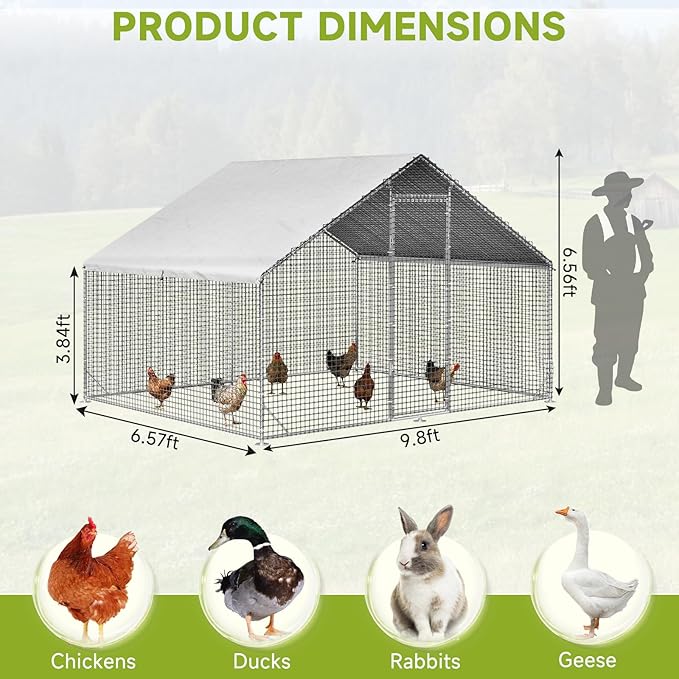 LEVELEVE Large Walk-in Chicken Coop with Chicken Run, Galvanized Poultry Enclosure with Waterproof Anti-UV Cover and Security Lock, Ideal for Rabbit, Duck, Backyard and Farm Yard，9.8'x 6.6'x 6.6'