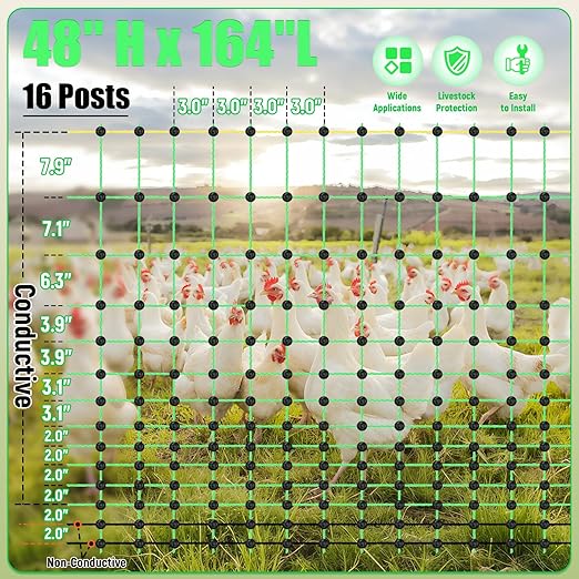 48" x 164' Electric Chicken Fence, Electric Poultry Netting for Chicken, Duck and Goat, Portable Anti-Predator Electric Fencing in Farms, Ranches, and Gardens (16 Posts, 2 Spikes)