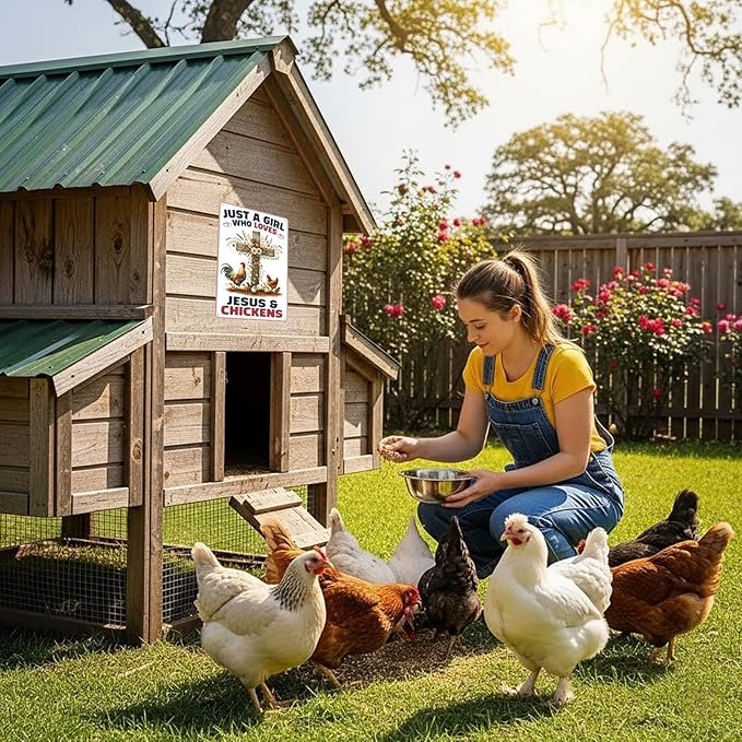 Funnysign Chicken Gifts for Women Girls Vintage Just A Girl Who Loves Jesus&Chickens Tin Sign for Chicken Coop Farm Kitchen Garden Yard Decor 8x12 inch (3908)