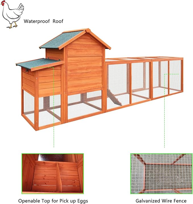 KEIKI 122＂Large Wooden Chicken Coop with Run and Nesting Box, Outdoor Hen House, Wooden Poultry Cage Wire Fence Poultry Cage
