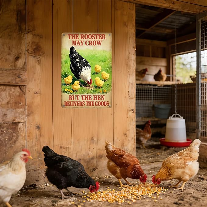 Funny Rooster Decor The Rooster May Crow But The Hen Delivers The Goods Rustic Tin Sign For Home Farm Chicken Coop Decor 16x12 Inch