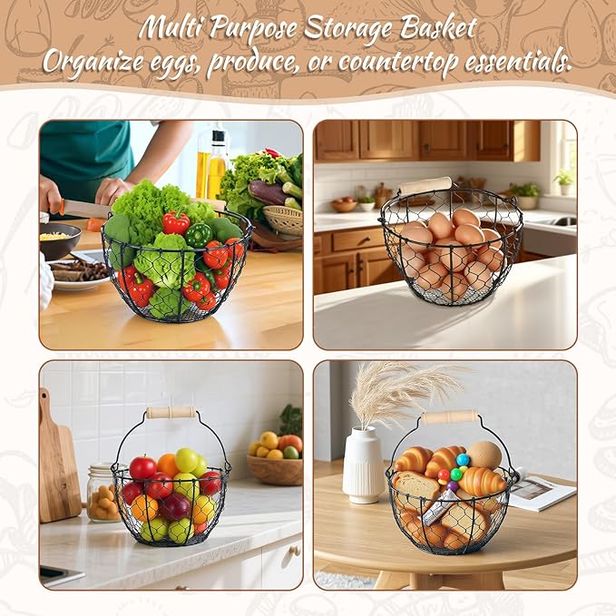 Egg Basket With Handle,Wire Egg Basket for Gathering Fresh Eggs, Round Egg Collecting Basket for Farm,Vintage Style Chicken and Duck Eggs Basket Egg Countertop Storage Container Holder ﻿