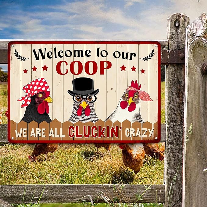 Welcome to Our Coop We Are All Cluckin’ Crazy Metal Tin Sign Funny Chicken Coop Decor Chicken Wall Art Farmhouse Farm Home Coop Entrance Wall Decor 8x12 Inch