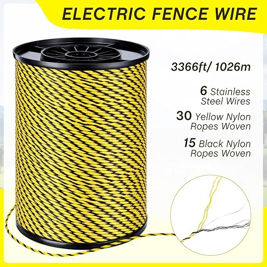 SATINIOR 46 Pcs Electric Fence Kit Included 3366ft/ 1026m Electric Fence Polywire, 40 T Post Insulators Socket, 5 Yellow Rubber Gate Handle Insulators for Fencing Horse, Cattle, Predator Protection