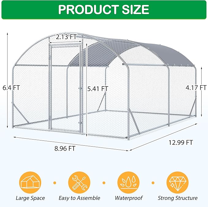 Large Metal Chicken Coop, Walk-in Chicken Run Pen with Waterproof Cover, Dome Roof Poultry Cage for Outdoor, Backyard, Farm