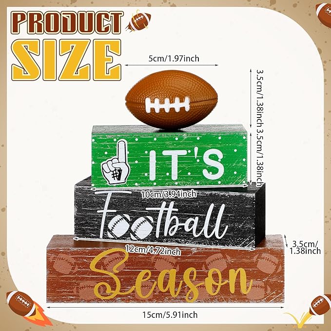 Geelin 4 Pcs Football Table Decorations Football Tiered Tray Decor Wooden Sign Centerpiece Decorative Faux Stack Book Block for Coffee Table Fireplace Mantel Floating Shelf