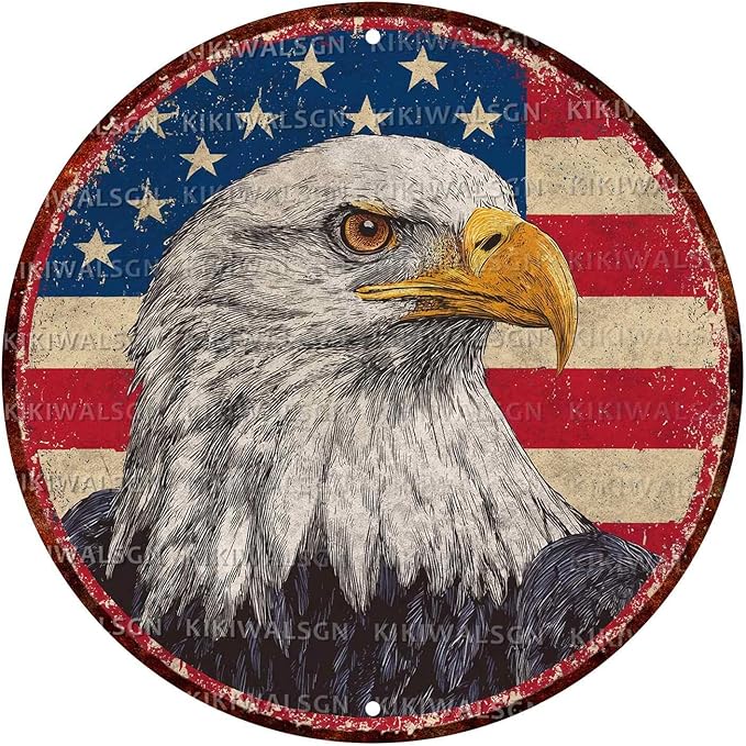 Vintage Bald Eagle Round Metal Sign Retro American flag Tin Sign Nostalgic Patriotism Wall Decor Decorations for Home Bedroom Living Room Cafe Bar Kitchen Yard Fence Door Outside 12 * 12 In