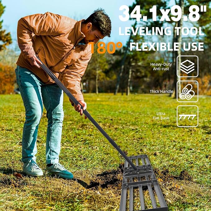 Lawn Leveling rake 51"x9.4" Levelawn Tool with 70.5" Adjustable Long Handle Heavy Duty Landscape Leveling Rake Lawn Leveler Yard Tool for Backyard, Golf Course, Garden, Pasture, Farm