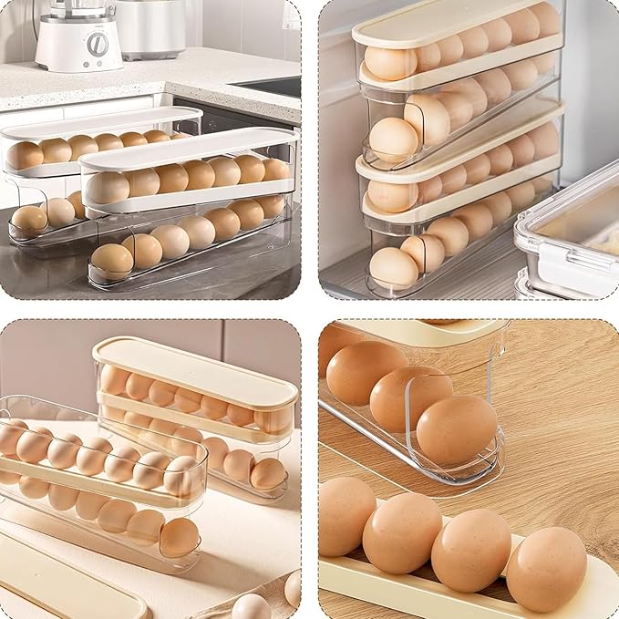 Auto Rolling Egg Holder for Fridge, Space Saving Eggs Dispenser, Sturdy and Durable Egg Traywith Lid, Stackable Fridge Container and Storage for 14 Large Eggs(1PCS)