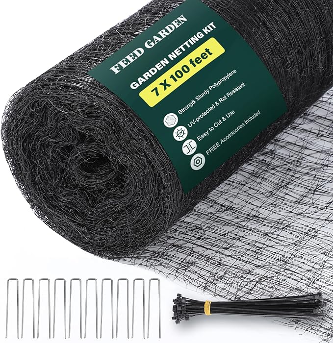 FEED GARDEN Heavy Duty Deer Netting - 7x100ft UV-Protected Garden Fence with 3/4" Fine Mesh - Includes 10 Stakes & 50 Zip Ties for Easy Installation