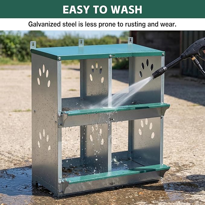 3/4 Compartment Chicken Nesting Boxes, Metal Wall Mount Chicken Egg Laying Box with Roll Out Egg Collection, Galvanized Steel Chicken Nesting Box for Laying Hens, Easy to Clean & Assemble (4-Hole)
