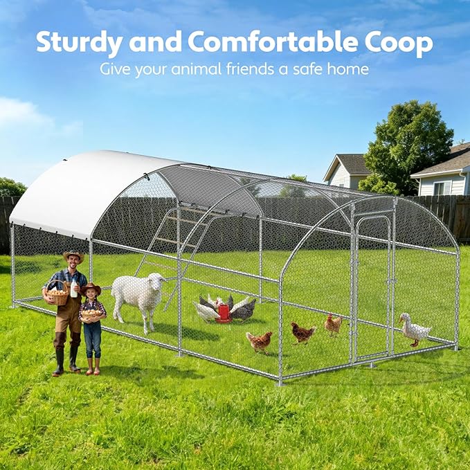 Large Metal Chicken Coop with Roosting Perch Walk-in Poultry Cage Chicken Run House Chicken Pen Dome Shaped Coop with Waterproof Cover for Outdoor Backyard Farm Use(10' L x 19.7' W x 6.4' H)