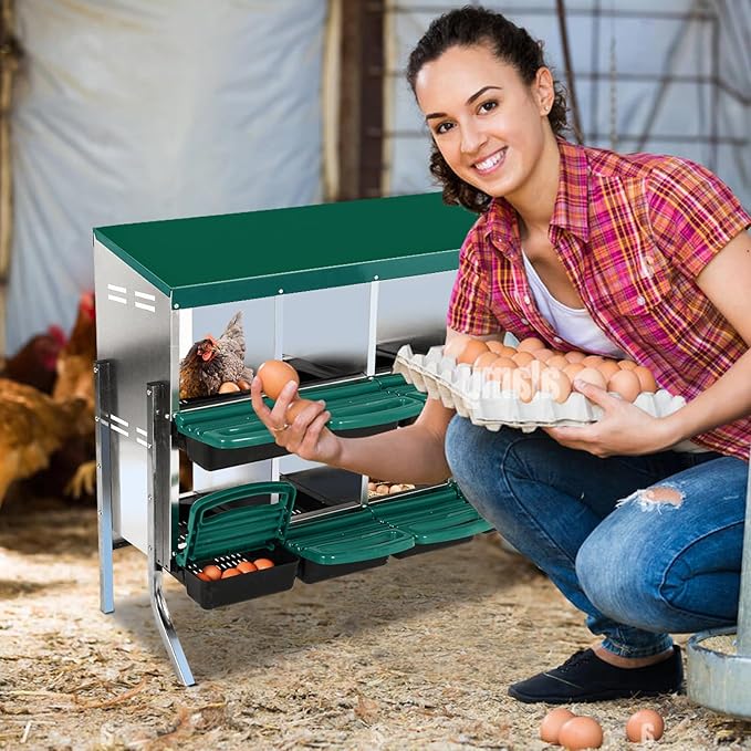 Chicken Nesting Box, 2-Tier Chicken Egg Laying, 8 Compartments Chicken Laying Box for Hens, 8 Room Metal Nesting Boxes for Chicken, Roll Away Nest Box with Lid Cover to Protect Eggs, 8 Holes Green