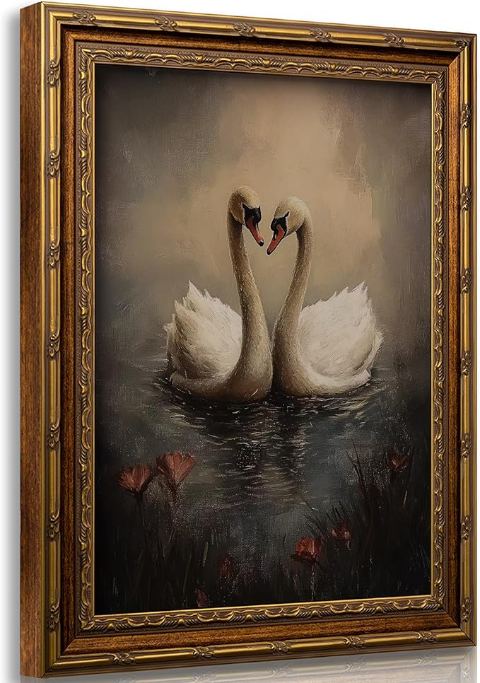 Vintage Gold Framed Wall Art Vintage Swan Canvas Wall Decor Retro Moody Swan Oil Painting Prints Farmhouse Antique Animal Picture Poster Artwork for Home decor Living Room Bedroom Hallway 12x16in