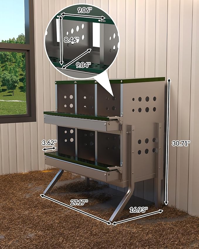 6-Hole Galvanized Metal Chicken Nesting Box with Egg Collection Tray/Fake Training Eggs, Rustproof Poultry Laying Box with Perch Rod,for Chicken Coops and Hens