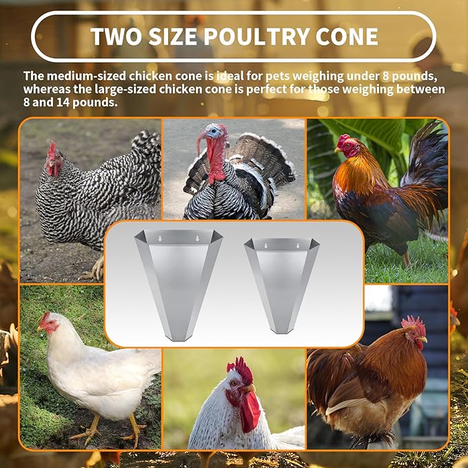 Medium-Sized Galvanized Steel Chicken Restraining Cone for Poultry, Suitable for Large Layers, Broilers, Roasters, and Turkeys Up to 8 Pounds - Flat-Back Killing Cone, Easy to Clean