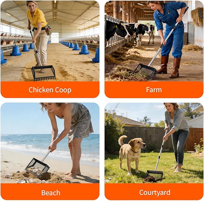 Chicken Poop Scooper, 35–75'' Adjustable Chicken Coop Scoop with Ergonomic Handle, 2-in-1 Scoop Shovel & Poop Rake for Easy Waste Cleaning, Multi-Purpose for Henhouse, Sandpit, Cattle Shed