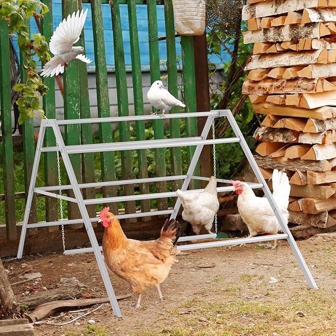 BTY Chicken Perch Metal Chicken Roosting Bar with Swing Chicken Roosting Ladder for Coop, Backyard Poultry, Farm, Fit for 10-12 Chickens, Grey
