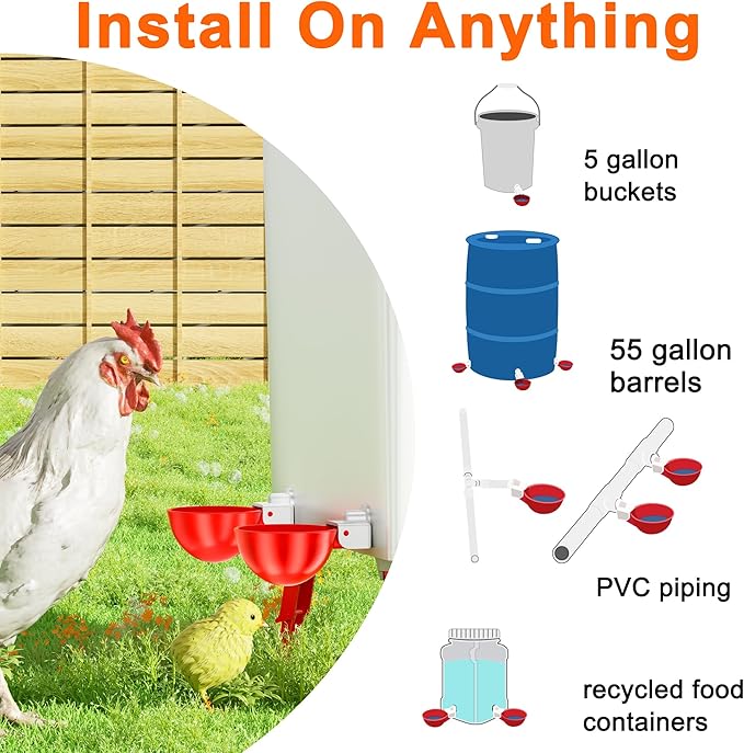 Chicken Waterer Cups, 10 Pack Automatic DIY Chicken Water Bowl with 3/8'' Hole Saw for Bucket, Trough - Poultry Drinking Valve, Easy Install