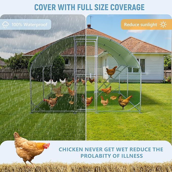 Large Metal Chicken Coop 10x13x6.5FT,Chicken Run for Yard with Feeding Door, Round Top Walk-in Chicken Pen,Outdoor Poultry Cage with Anti-UV Cover,Duck Rabbit House