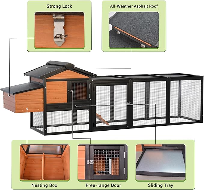 106.3" Chicken Coop, Large Wooden Chicken Coop with Run, Nesting Box and All-Weather Asphalt Roof, Outdoor Duck House Bunny Cage with Sliding Tray for Poultry, Small Animals, Black+Brown