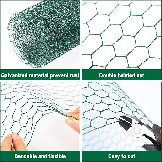 Chicken Wire Netting 16 x 236 Inch Green Hexagonal Galvanized PVC Coated Fencing Mesh for Garden, Poultry Barrier, Floral Arrangements and Crafts