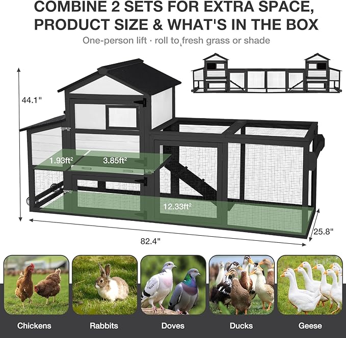 Large Chicken Coop, 80.7" Outdoor Wooden Hen House with Run, Ramp & Leakproof Pull-Out Tray, Weatherproof Design, for 3-5 Chickens - Black
